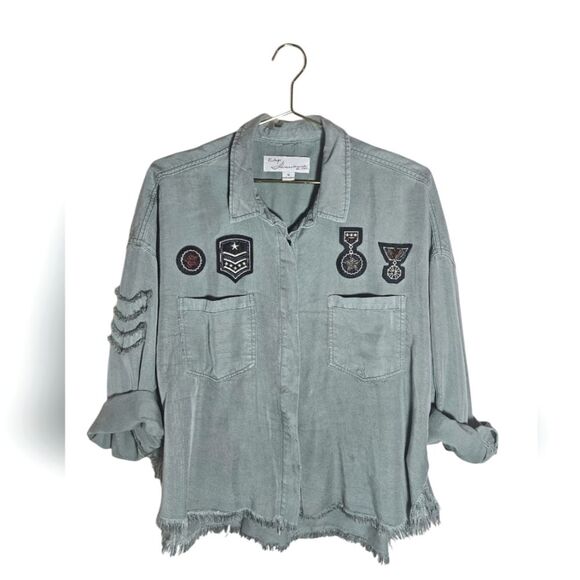 Vintage Havanna Green Military Beaded Patchwork Long Sleeve Button-down Blouse M - Picture 1 of 9